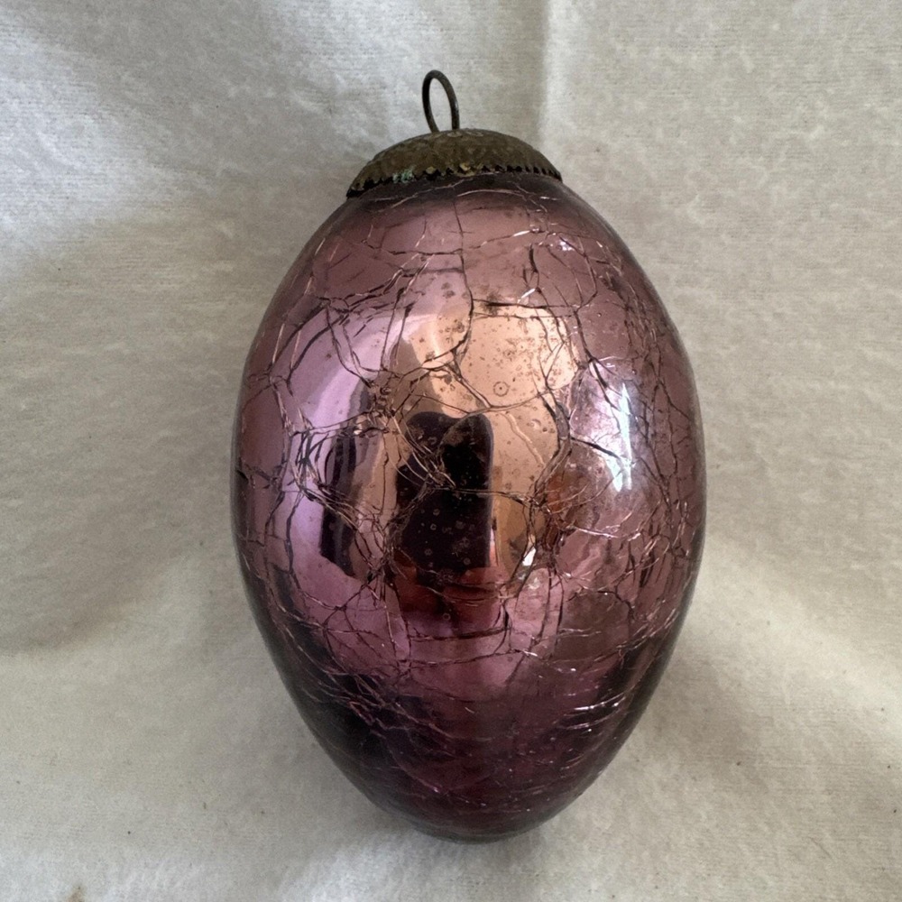 Vtg Crackle Glass Amber Purple Egg Ornament Kugel Germany Christmas Holiday 4"